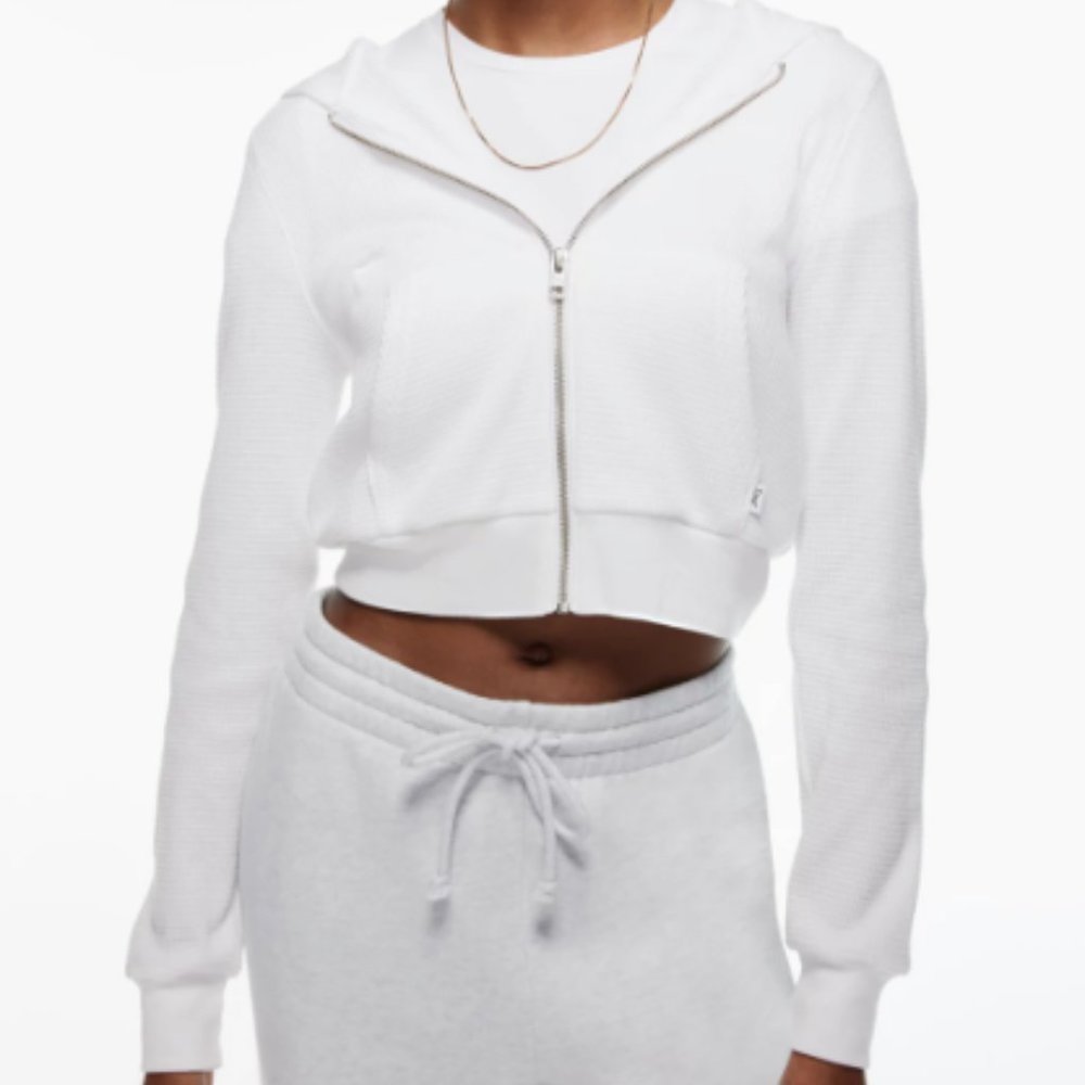Aritzia TNA WAFFLE ZIP HOODIE, Heather Cloud White, Size Small